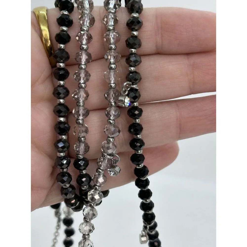 Vera Wang Necklace Black Grey Beaded Silver Tone Rhinestone Long Opera Length
